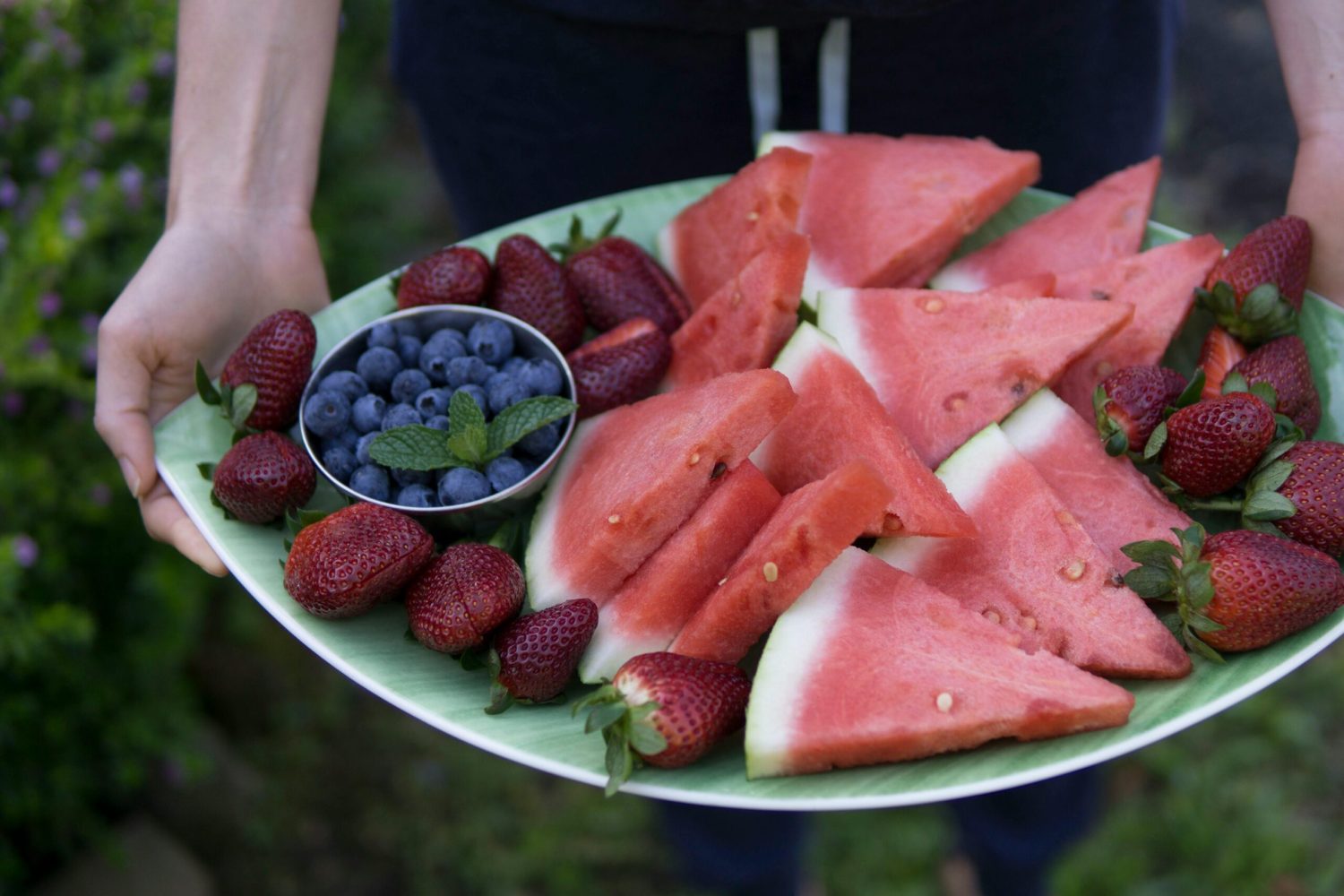 Watermelon, blueberries, strawberries on a tray